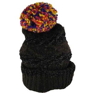 Inc International Concepts Multicolor Pom-Pom Black Knit Beanie Hat One Size
